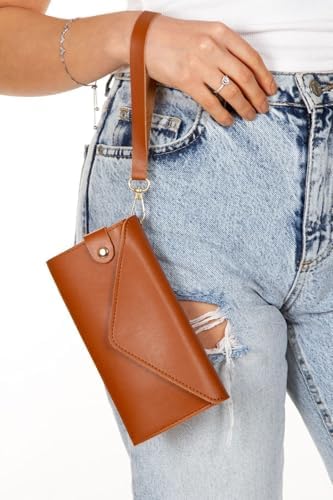 Av A Dos Kadın Deri Siyah Telefon Nakit Bozuk Para Bölmeli Kartlık Kilitli Bilek El Askılı Portföy Cüzdan Siyah (Kahverengi) - Görsel 4