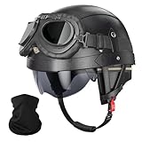 German Style Motorcycle Helmet - DOT Approved Vintage Leather Novelty Half Helmets for Motorcycle with Goggles/Visor, Removable Lining/Earmuffs, for Cruiser Scooter Chopper Moped, for Adults Men Women