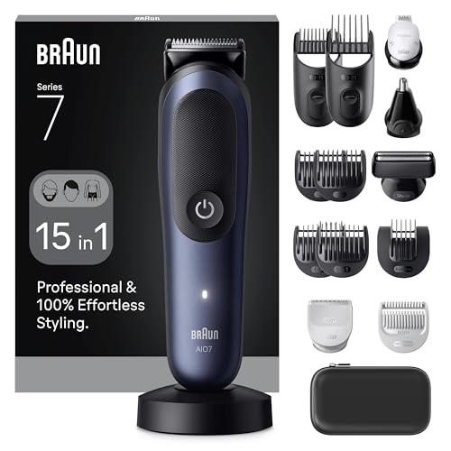 Braun Kit de aseo todo en uno serie 7, 15 en 1, ProBlade & AutoSense, 120 min, SkinGuard & Beard Fading, AquaGrip para uso bajo el agua, AIO7580, diseñado en Alemania   Azul