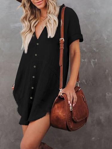 Paintcolors Women's Cotton Button Down Shirt Short Sleeve Dresses Tunics Oversized Beach Cover up Blouse Tops with Pockets2