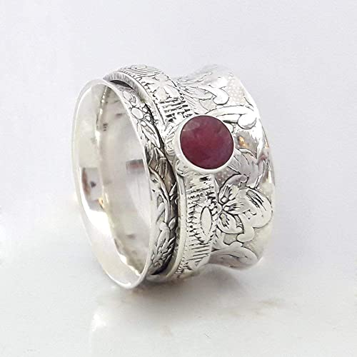 925 Sterling Silver Spin Rings For Women's, Girls, Men's, Meditation Yoga Thumb Anxiety Wide Spinner Ring For Yoga, Personalised Gift Mother's Day Gift(Ruby Size 14.5) #TOP1