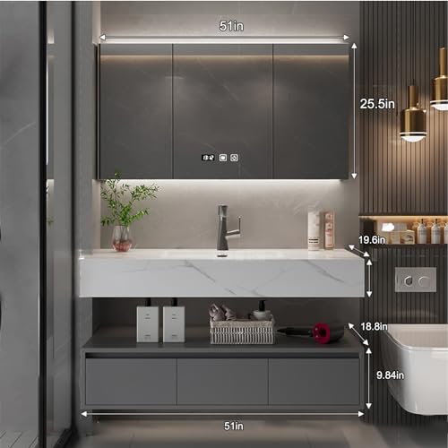 Kadaligh Bathroom Vanity Sink Set - Wall Mounted Floating Vanity Cabinet with Integrated Sink, Intelligent Vanity Mirror with Time Display, LED Lights & Defogging Function, 3 Soft-Close Doors (52IN)