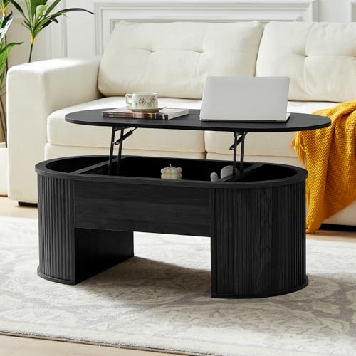 Image of QHITTY Fluted Coffee Table with Lifting Top, Oval Wood Lift Top Coffee Table with Hidden Compartment, Mid Century Pull up Center Tables for Living Room, Office - Black