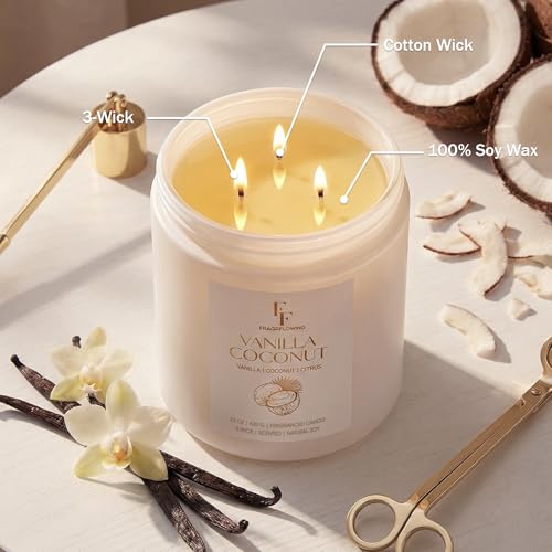 Image of Vanilla Coconut Large Scented Candle, 3-Wick 22oz Long Lasting Scented Candle, Natural Soy Wax Aromatherapy Candle for Home, Candle Gifts for Women Men