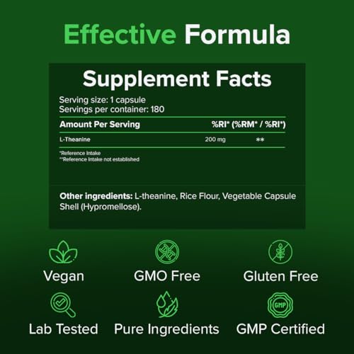 L Theanin 200mg – 180 Kapseln | Reine Formel ohne unnötige Zusätze | Flexibel dosierbar (1–2 Kapseln täglich) | Bis zu 6 Monate Vorrat | Vegan & glutenfrei | RAW Powders