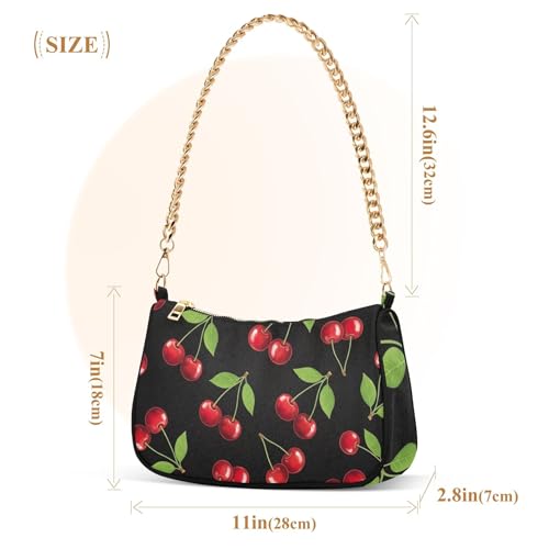 Zipper One Shoulder Purses Bright Red Cherries Green Leaves Tote Handbag Moon Womens Hobo Evening Purse with Chain Strap3