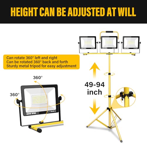 PICAA 300W Twin Head Tripod Stand LED Work Light, 30000LM Portable Flood Light for Job Sites, Construction, Garage, 220-240V IP65 Waterproof 6000K Indoor/Outdoor