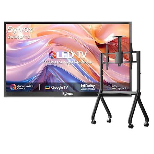 SYLVOX Outdoor TV with Rolling Stand, 43 inch Smart QLED TV, 2000 Nit Full Sun, Weatherproof, 4K UHD, IP56 Waterproof, Commercial Grade (2026 Model)
