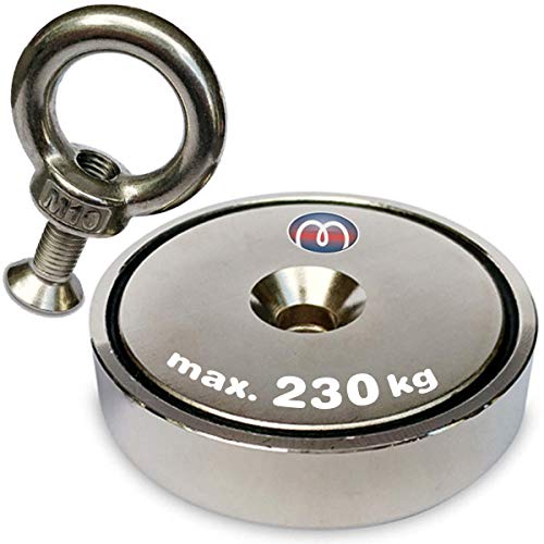 Magnes górski neodymowy z oczkiem – neodymowy (NdFeB) – średnica: Ø 32 – 90 mm – siła przyczepności do 230 kg – silne magnesy odzyskujące – idealne do łowienia magnetycznego łowienia ryb, wymiary: Ø 90 mm | >=230 kg