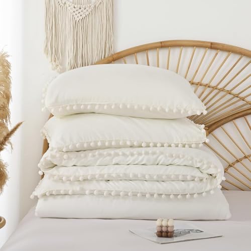 YIRDDEO King Size Comforter Set in Ivory, 3pcs Boho Ball Pom Lightweight Bed Comforter, Soft Solid Color Bedding Comforter Sets for All Seasons (Ivory, King, 104"x90")