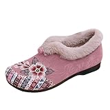 Women's Fleece Lined Slip On Loafers Flat Sole Soft Bottom Casual Shoes Fashion Floral Pattern Low Heel Wide Round Toe Suede Comfortable Warm Indoor Outdoor Non Slip Lightweight Cozy Moccasins Pink