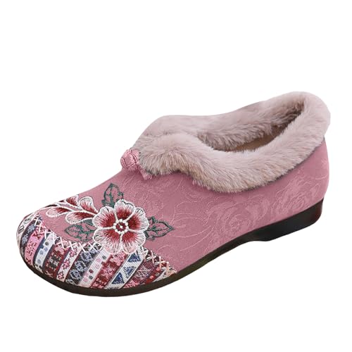 Women's Fleece Lined Slip On Loafers Flat Sole Soft Bottom Casual Shoes Fashion Floral Pattern Low Heel Wide Round Toe Suede Comfortable Warm Indoor Outdoor Non Slip Lightweight Cozy Moccasins Pink