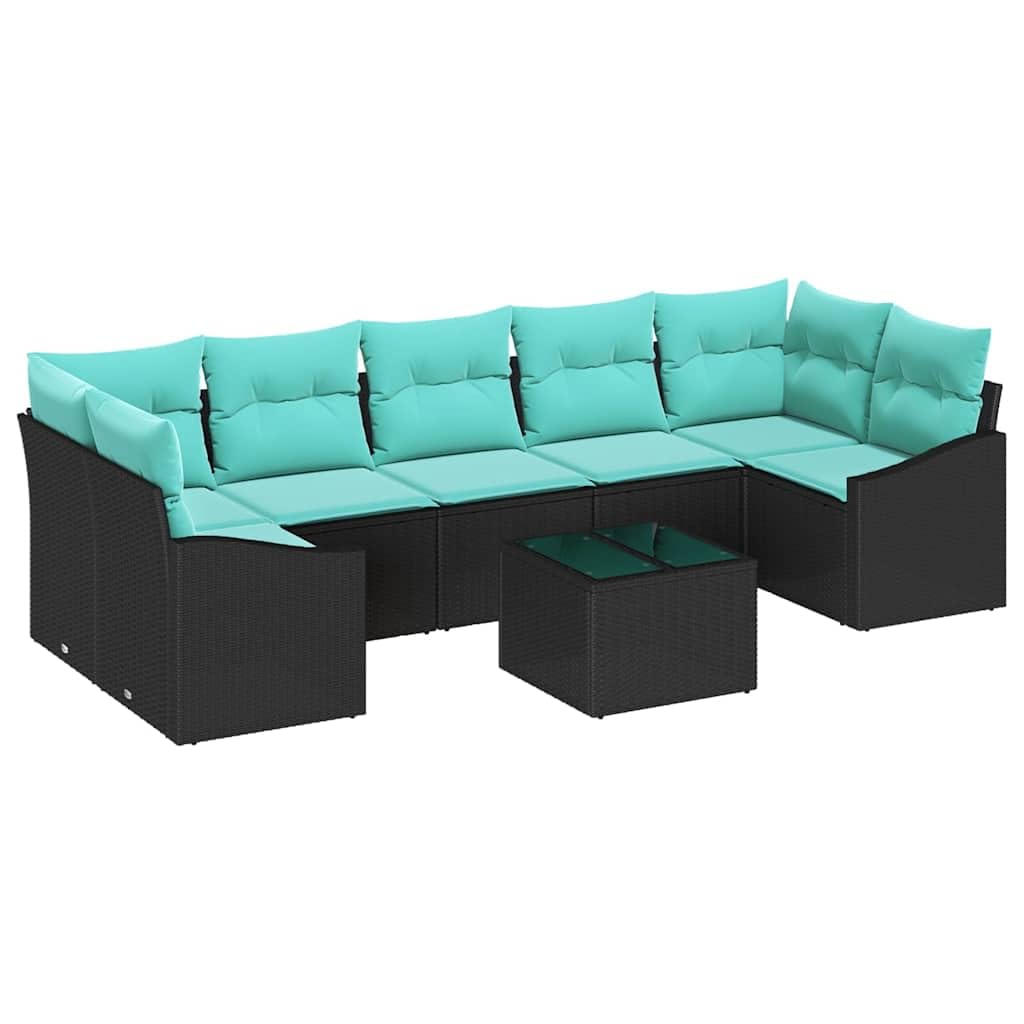 Set di 8 divani da giardino in polyrattan, colore nero e turchese | Il tavolo regolabile in altezza trasforma l'area lounge in tavolo da pranzo su balcone e terrazza, con spazio di