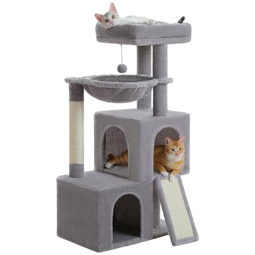 PAWZ Road Large Cat Tree, 41 Inches Multi-Level Cat Tower with 2 Spacious Condos for Indoor Cats, Large Cat House with Comfy Hammock, Padded Perch, Scratching Pad and Replaceable Balls-Gray