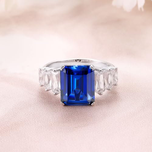 Blue Sapphire Ring for Women, 9x11 MM Emerald Cut Gemstone Birthstone Engagement Vintage Anniversary Ring, 925 Sterling Silver Plated 18K White Gold Ring Gift For Women Wife Size 5 to 123