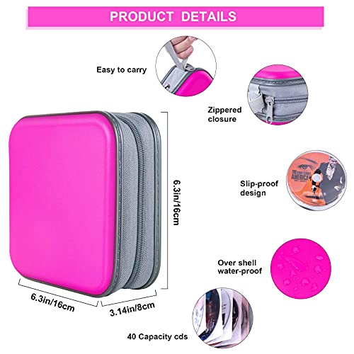 Vicoter CD Case 40 Capacity Hard Plastic CD/DVD Wallet Binder, DVD Case Portable Zipper CD Case, CD Case Storage Holder, VCD Wallets Storage Organizer for Home Car Travel Office (Hot Pink) - Thumbnail 6