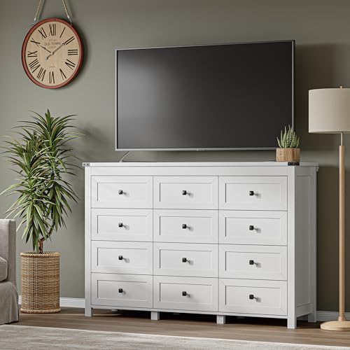 Image of BORNOON 12-Drawer Dresser, Modern Wooden Storage Chest of Drawers, Dresser TV Stand, Wood Drawer Organizer with Metal Handles for Bedroom, Living Room, Hallway