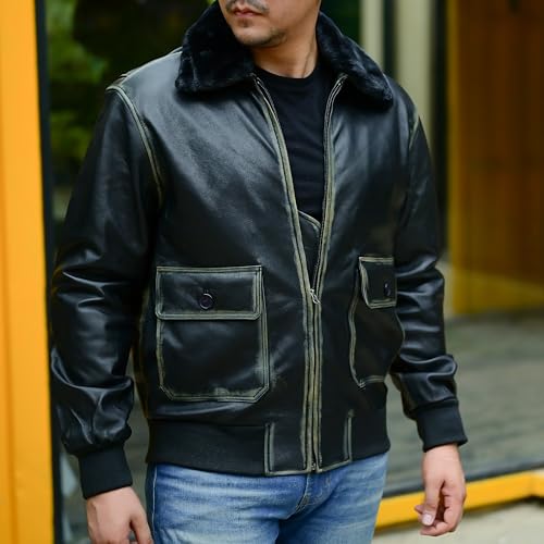 Image of Jild Navy G-1 Real Leather Bomber Jacket Men with Removable Fur Collar - Vintage Flight Aviator Leather Jacket Men