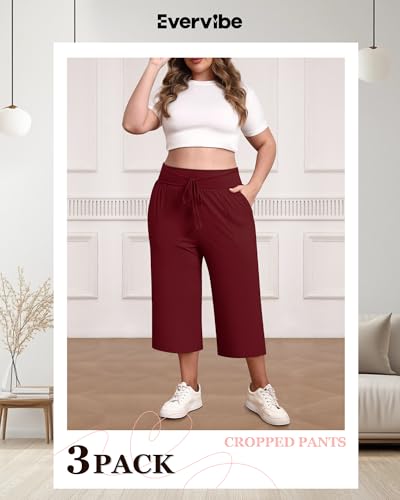 3 Pack Women's Plus Size Capri Pants, Cotton Drawstring Capris Sweatpants Casual Summer Cropped Pants with Pockets2