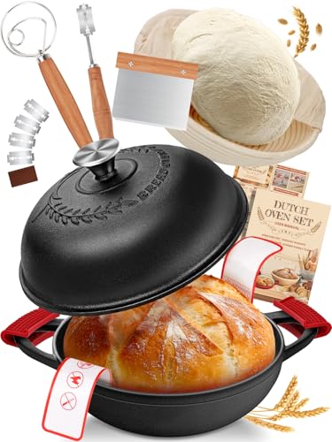Image of Dutch Oven Bread Baking Pot with Lid 6QT Cast Iron Design & Complete Sourdough Kit (Banneton Basket, Dough Tools, Silicone Sling) for Artisan Bread Making