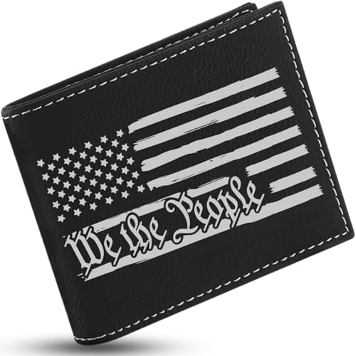 Leather Wallet with RFID Blocking – Patriotic American Gift for Him – Engraved Leatherette Wallet for Men – American Flag, Vintage Style - Luxury Gift Box (We The People, Black/Silver)