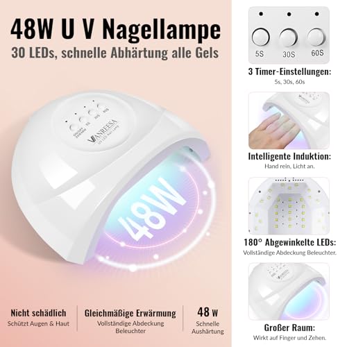 VANREESA Gel Nagellack Set, 55 Farben U V Gel Nagellack Kit mit 48W U V/ LED Nagellampe Braun Lila Blau Grün Nägel Starterset Maniküre Starter Set Gelnägel Selber Kit Geschenk für Frauen
