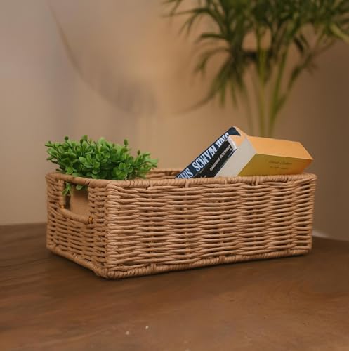 Image of Ikari Homes Rectangular Woven Raffia Basket, Natural Decorative Storage Tray I Boho decor storage vanity basket I Gifting Basket I Sustainable organisor Storage Basket (Large 12 in x 8 in)