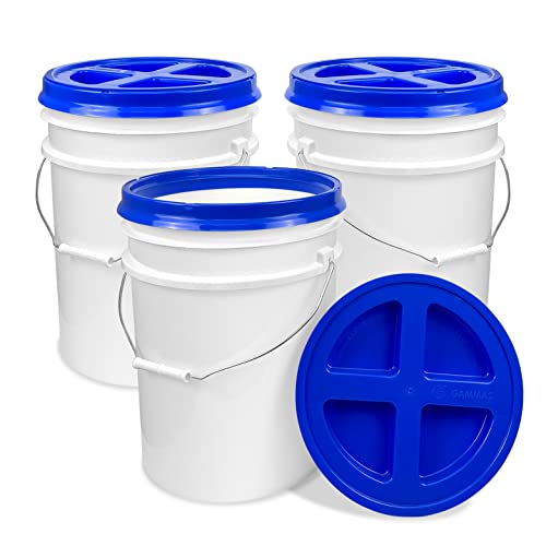 ePackageSupply 5 Gallon White Bucket with Blue Gamma Seal Screw on Airtight Lid | Made in USA | Food Grade | Heavy-Duty HPDE Plastic | Durable 90 Mil Pail | Easy Stack and Store | BPA Free (3 Count)