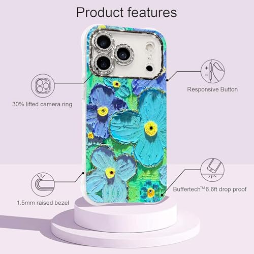 Image of Elzzi Compatible with iPhone 17 Pro Max Case Oil Painting Flower Colorful with Lens Prtotection Shockproof PC+TPU Glossy Back Cover for Girls Women, Green