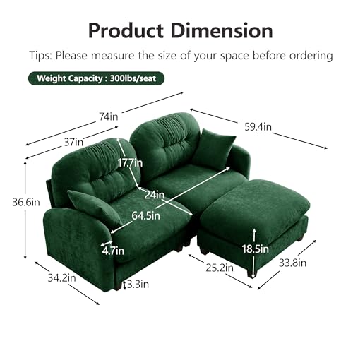 Image of KEIKI 74 inch L-Shaped Oversized Chenille Modular Sectional Loveseat Sofa with 1 Ottoman, High-Density Foam Cushions, Tufted Pleated Cushion Backrest, 2-Seater Couch with 2 Pillow, for Living Room, Green