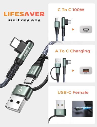 Image of USB C to USB C Cable 10FT AINOPE 100W USB C Cable 5A USB Type c Charging Cable Rigth Angle PD4.0 QC5.0 USB A /C to USB-C Cable Type C Charger Fast Charging for MacBook Pro iPad Pro Galaxy S22