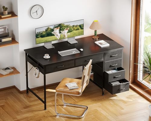 Image of ODK Computer Desk with 6 Drawers, 48 Inch Office Desk with Storage, Reversible Desk with Headphone Hook for Home Office, Work Study Table for Bedroom, Black