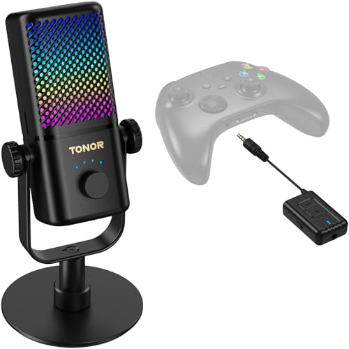 TONOR Wireless Microphone Compatible with Xbox, Cordless RGB Gaming Mic with 15H Battery Life, Low Noise, Monitoring, Gain Control, One Tap Mute, Fast Charging, Compatible with Capture Card TCX3 Flow