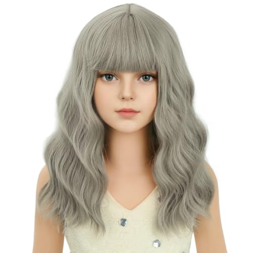 Image of Grey Wig Short Grey Wavy Curly Wigs Wig with Air Bangs Synthetic Cosplay Hair Wigs