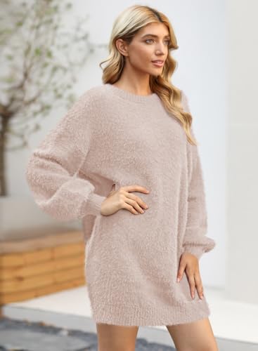 Meenew Women's Furry Pullover Sweater Dress Loose Oversized Long Knitted Tops4
