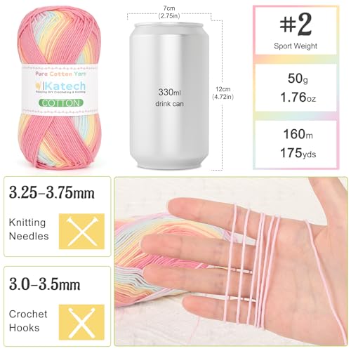 Image of Katech 1OO% Ombre Cotton Yarn for Crocheting - 2 Sport Weight Baby Yarn for Knitting - 6 Pcs of 50g(1.76oz) /160m(175yd), Fine Soft Multicolor Yarns for Baby Blankets, Afghans, Shawls, Dress, Hats (B)