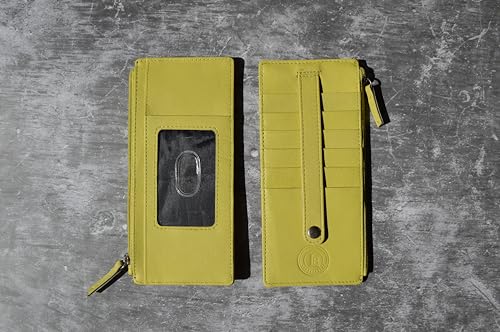 Leatherboss Genuine Leather Women's All in One Credit Business Card Case Holder Slim Zipper Wallet With a Card Protection Strap, Lemon2