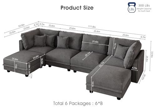 Image of LLappuil 112 inch Modular Sectional Sofa with Storage, U Shaped 6-Seat Corduroy Couch with 6 Throw Pillows, Convertible Sofa Set for Living Room & Apartment, Skin-Friendly & Soft, Grey