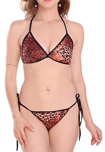 Image of Satin Animal Print Embellished Bikini Bra & Panty Lingerie Set for Women & Girls, Fits Well for Plus Size.