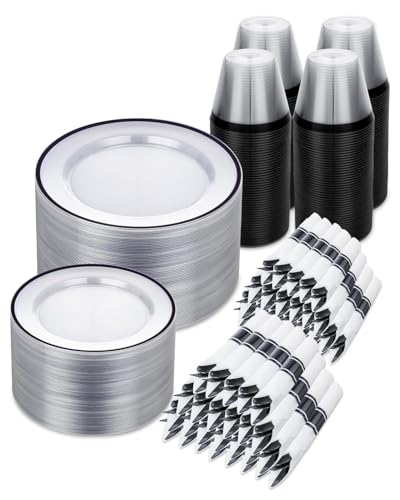 700PCS Clear Black Disposable Plates Set for 100 Guests 200 Plastic Plates 100 Plastic Cups 100 Pre-Rolled Napkins with Cutlery for Party Christmas Birthday Wedding Thanksgiving Halloween