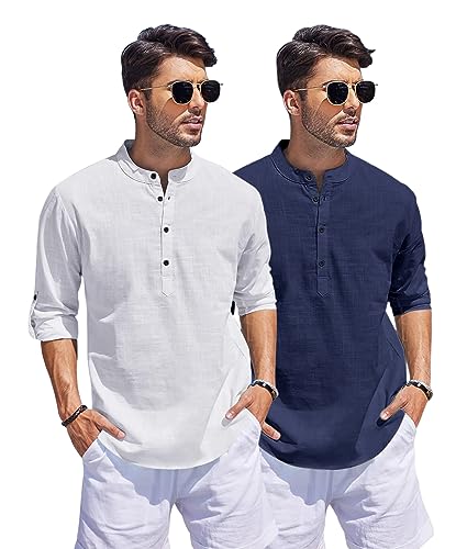 Image of Bellstone Men's Cotton Blend Straight Kurta Shirt Combo with Mandarin Collar - Slim Fit Casual Short Kurti Set Featuring Textured Slub Fabric and Roll-Up Full Sleeves