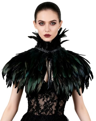L'VOW Gothic Black Feather Cape Shawl Shrug Poncho with Choker Collar (Black)