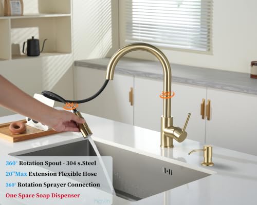 Image of Havin Gold Kitchen Faucet,High Arc Stainless Steel Material,with Pull Down Kitchen Sprayer,cUPC Cartridge,Without Deck Plate,Updating with Spare Sprayer and Soap Dispenser,Brushed Gold