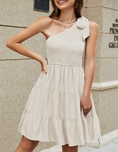 Zesica Women's 2023 Summer Boho One Shoulder Sleeveless Solid Color Smocked Tiered Ruffle A Line Swing Short Mini Dress,Beige,Medium #TOP6