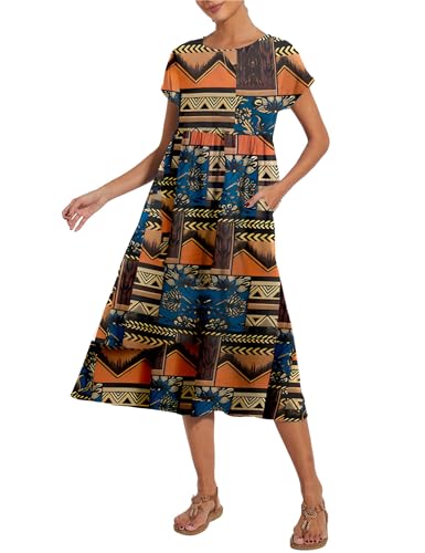 Image of LARMLISS Baggy Crew Neck Dress for Women Summer Casual Comfy Cotton Short Sleeve Tunic Beach Maxi Dresses with Pockets