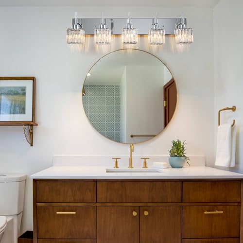 Image of 5 Light Chrome Crystal Bothroom Vanity Lights Over Mirror, Modern Bathroom Lighting Fixture,Wall Sconce for Mirror（Dressing Room, Entryway,Vanity Desk）