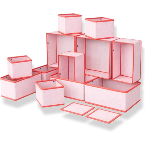 Image of Skrill 12-Piece Foldable Cloth Storage Box Set | Cube Baskets, Bins & Dividers for Closet & Dresser Drawer Organization | Storage for Shirts, Pants, Underwear, Bras, Socks & More - Pink