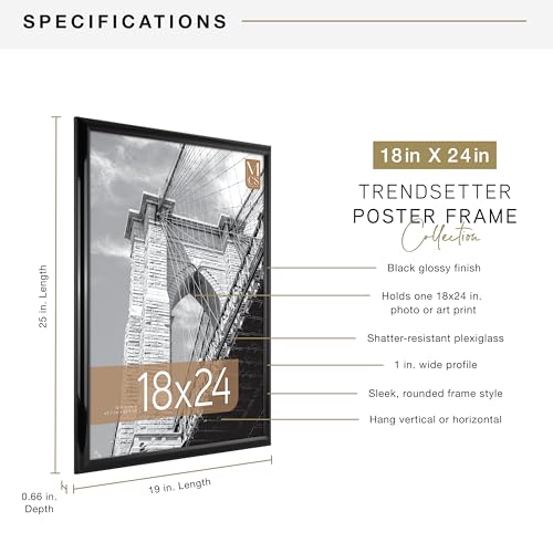 MCS Trendsetter 18x24 Poster Frame Black High-Gloss, Vertical & Horizontal Wall Hanging Large Picture Frame for Photos, Posters & Art Prints (1-Pack)