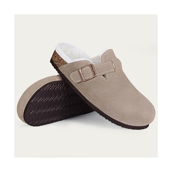 KIDMI Women's Fur Lined Suede Clogs Fuzzy Cork Footbed Mules Slip On Winter Potato Shoes