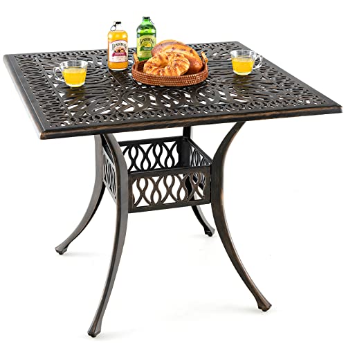 Tangkula 10957-CP 35.4 Inches Outdoor Dining Table, All-Weather Cast Aluminum Table With 2.2 Inch Umbrella Hole, 4 Person Square Dining Table cover